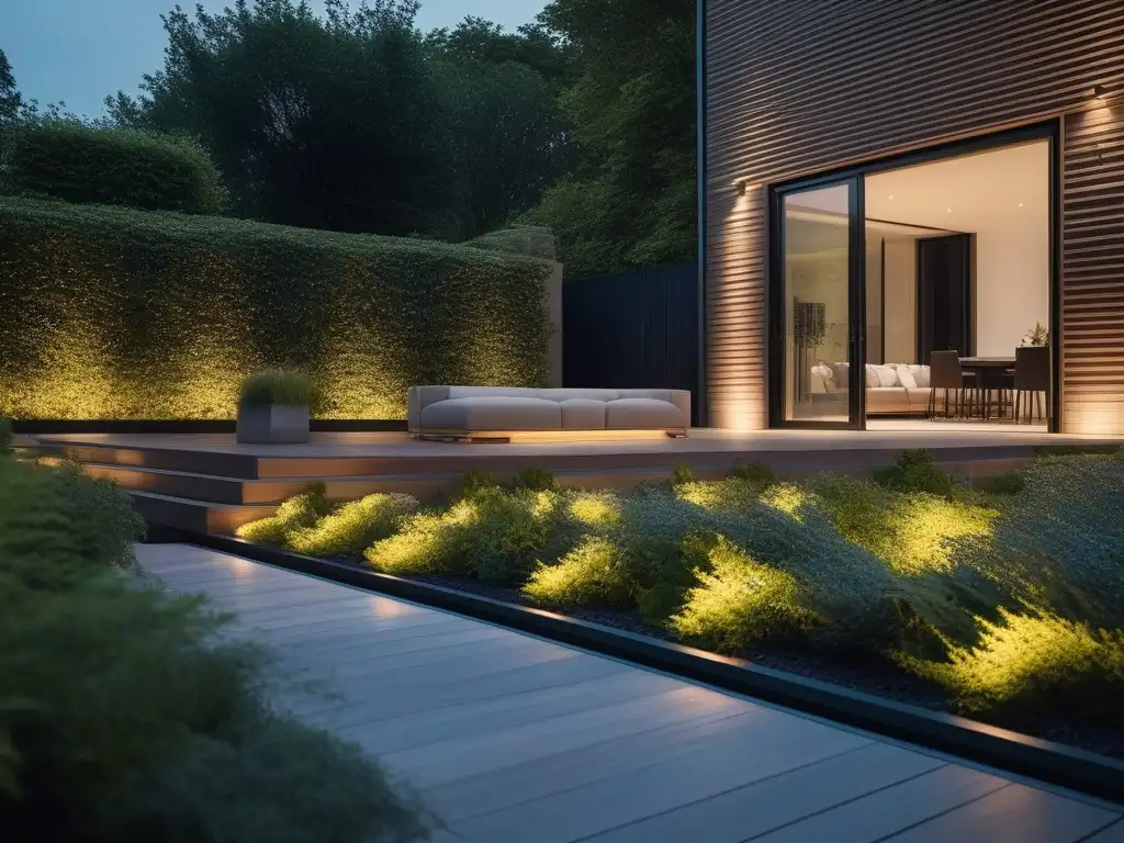 Iluminación exterior de lujo: terraza elegante con luces LED inteligentes Iluminación exterior inteligente en un lujoso jardín con terraza elegante y exuberante vegetación, creando un ambiente sofisticado