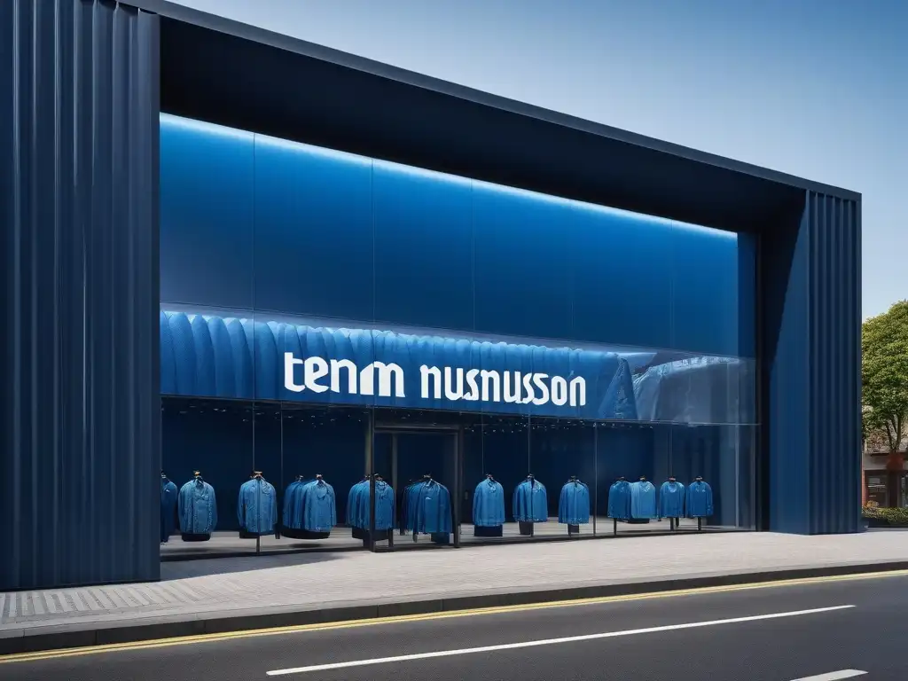 Museo Denim Revolution: innovación en azul y cristal Exterior moderno del Museo Revolución del Denim, con diseño vanguardista y letras llamativas, reflejando el cielo azul