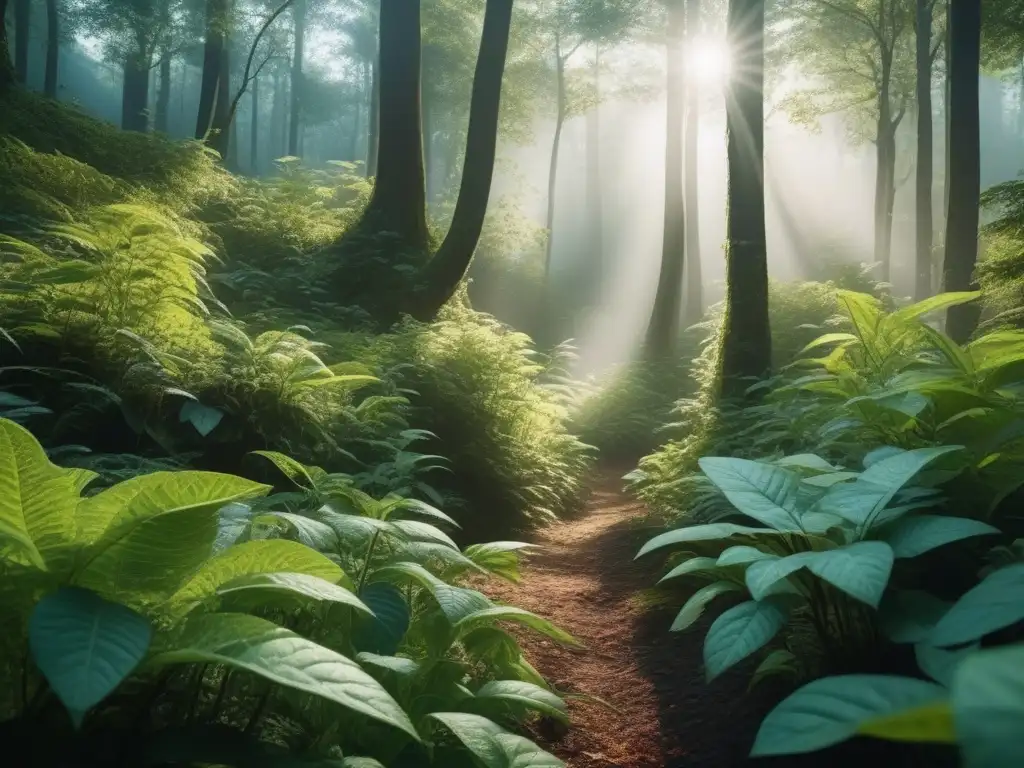 Bosque vibrante con plantas adaptógenas: ashwagandha, albahaca y rhodiola Exuberante bosque con plantas adaptógenas diversas, transmite paz y vitalidad