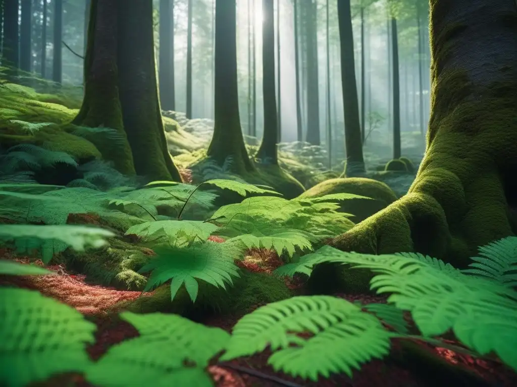 Exuberante bosque verde: vida y belleza en detalle Un exuberante bosque verde con luz filtrándose a través del denso dosel, mostrando un ecosistema vibrante lleno de vida