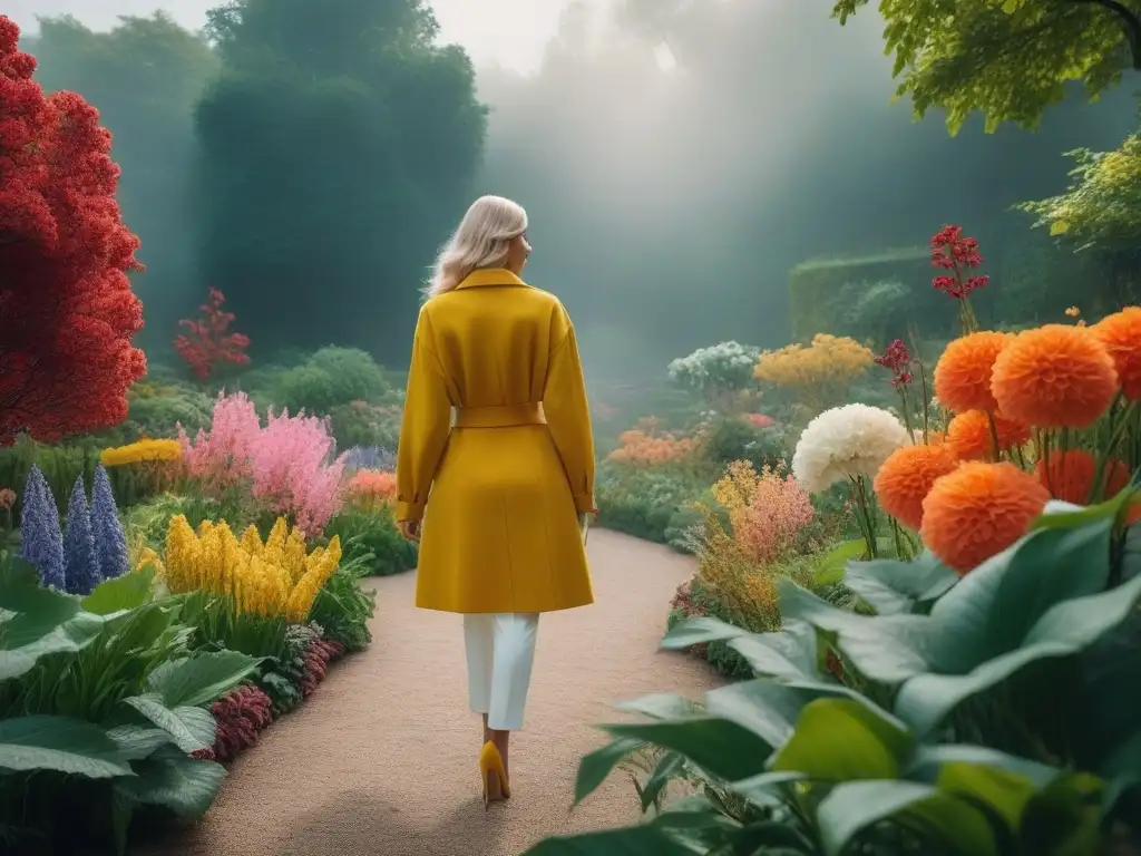 Jardín botánico vibrante: inspira moda sostenible con tintes naturales Un jardín botánico exuberante con flores y plantas coloridas, inspirando moda sostenible con tintes naturales