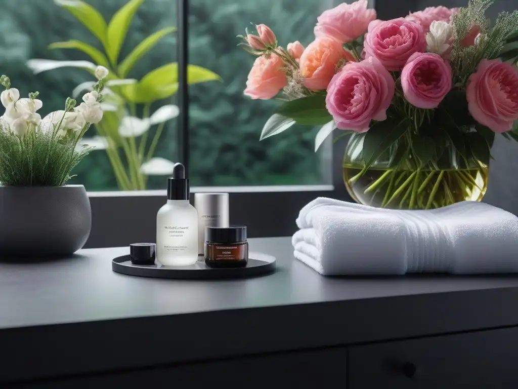 Rutina de lujo en spa: belleza y relajación Exuberante spa con productos de belleza de lujo, transmitiendo sofisticación y bienestar