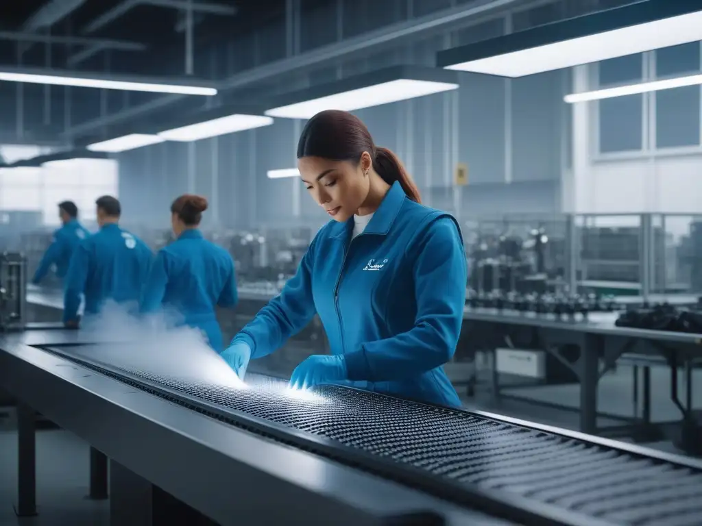 Fábrica de cuero sintético sostenible futurista en 8k Una fábrica futurista de cuero sintético impacto ambiental con tecnología avanzada y vegetación vibrante, iluminada por luz natural