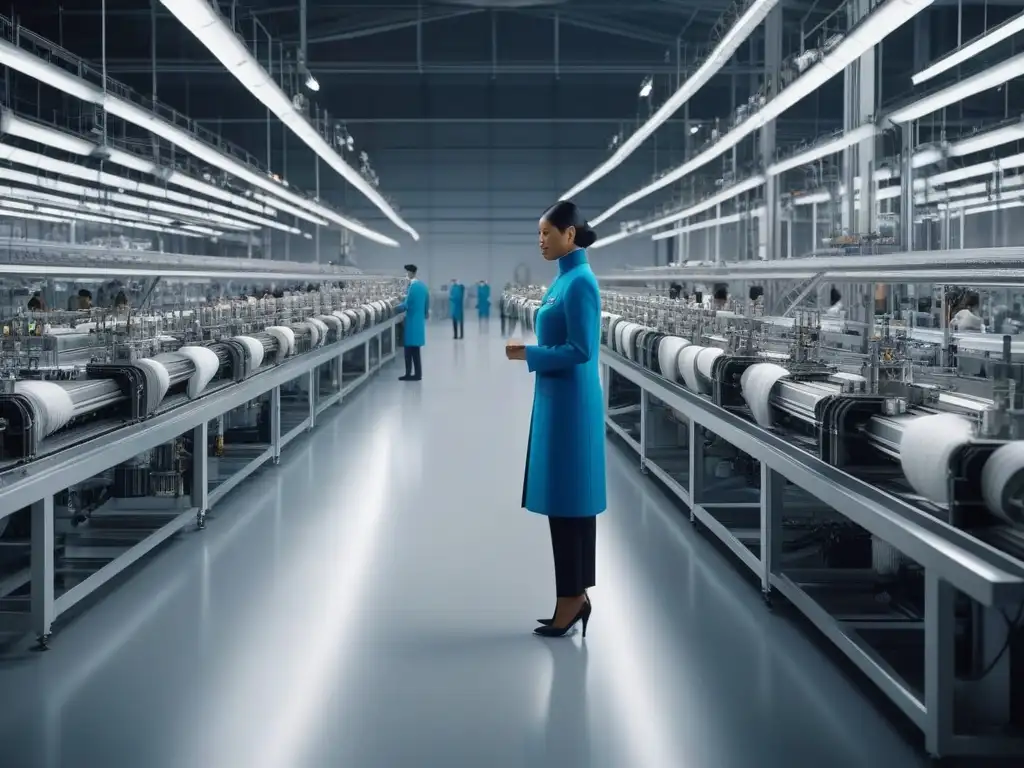 Fabricación sostenible: fábrica textil futurista y diversa Una fábrica textil futurista produciendo fibras sostenibles, con diversidad e inclusión en la moda