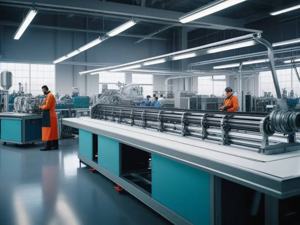 Fabricación textil futurista: inclusiva, sostenible e innovadora Una fábrica textil futurista con maquinaria de última generación produce textiles inteligentes y sostenibles