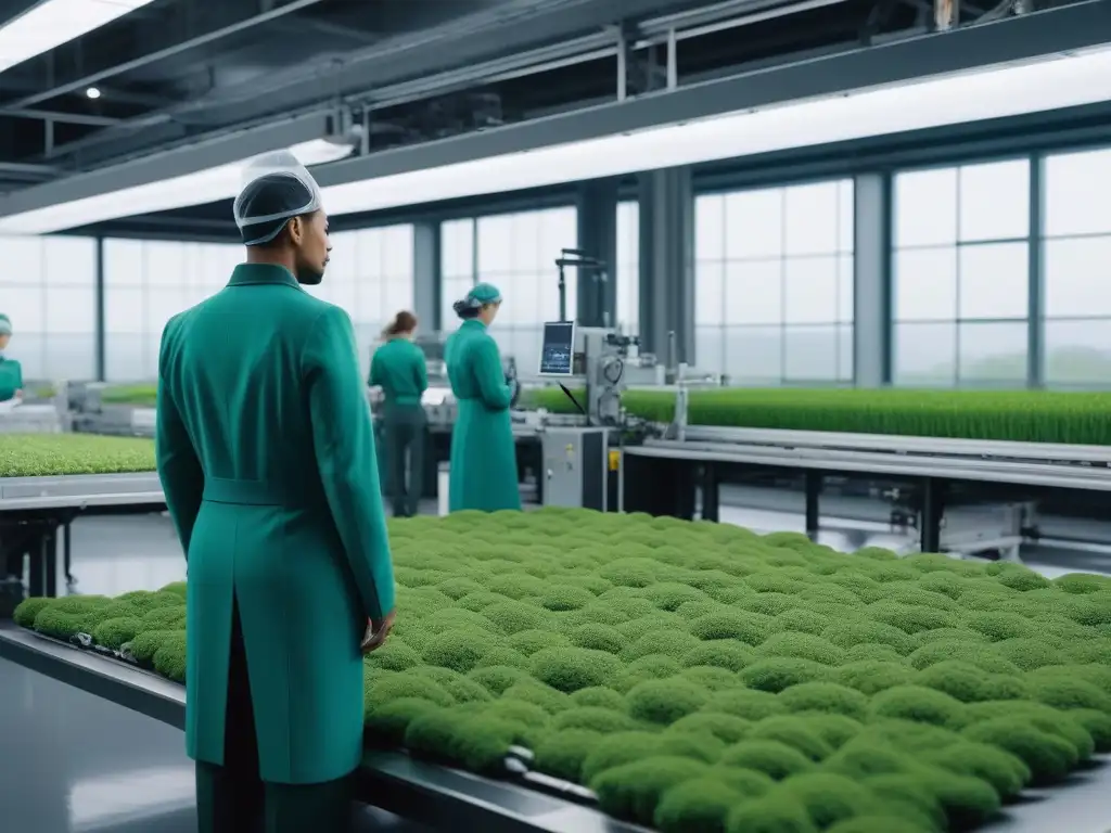 Planta textil futurista: innovación sostenible en acción Una fábrica textil futurista produciendo tejidos innovadores en un ambiente eco-friendly con jardín en el techo