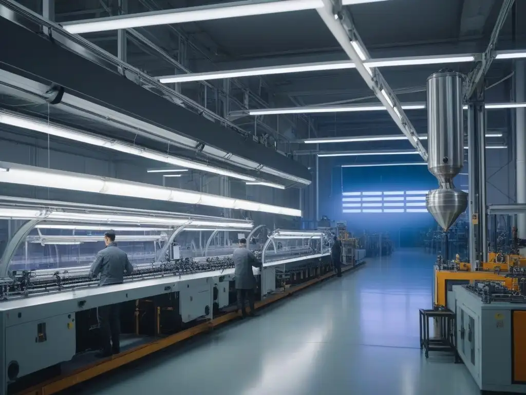 Fábrica textil futurista produciendo seda de araña sintética Una fábrica textil futurista produce tejidos de seda de araña sintética con maquinaria de vanguardia y luces de neón brillantes
