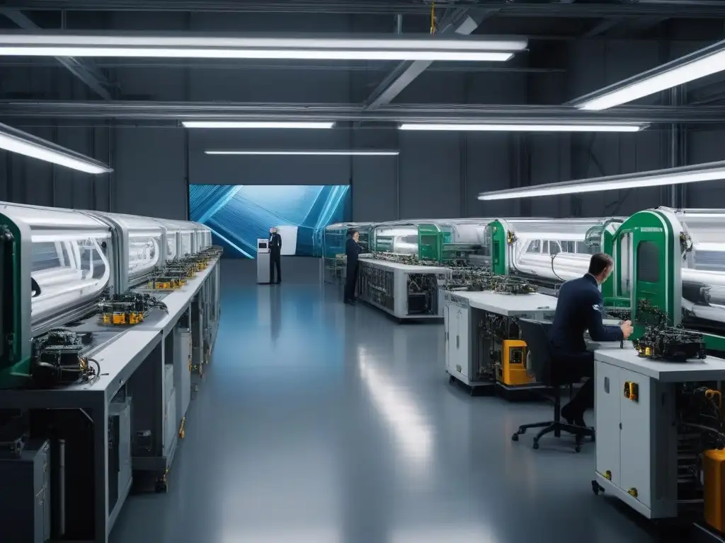 Fabricación textil futurista: tecnología sostenible y diseño innovador Una fábrica textil futurista con trabajadores y robots creando tejidos innovadores