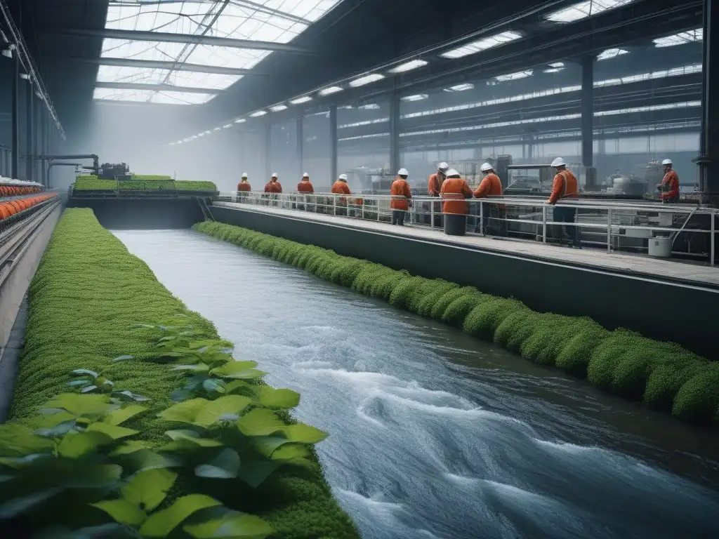 Armonía ecoindustrial: río sereno en fábrica textil Una fábrica textil sostenible muestra la armonía entre procesos industriales y la naturaleza, implementando normativas producción textil agua