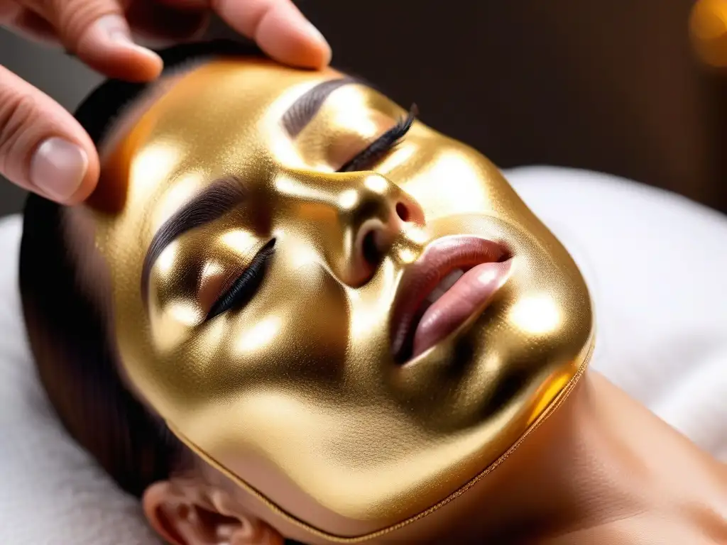 Mascarilla de oro aplicada con elegancia: lujo y sofisticación Un facial de oro aplicado con delicadeza en una piel radiante