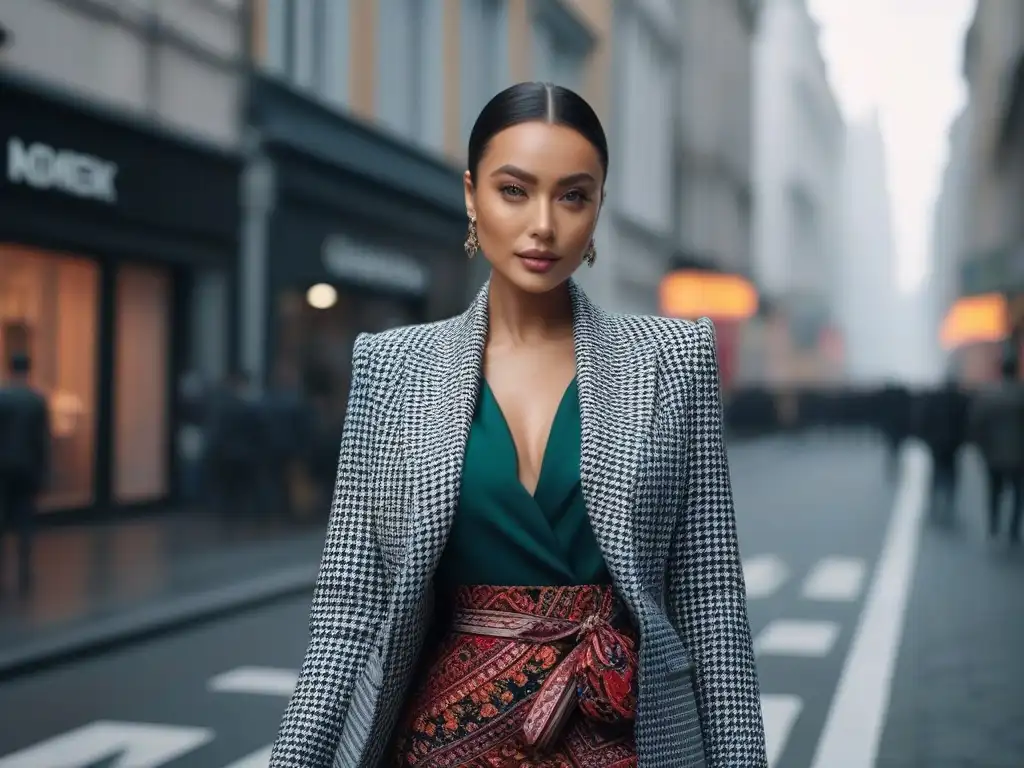 Estilo urbano: mujer chic combinando estampados en la ciudad Una fashionista petite combina estampados con estilo en la ciudad