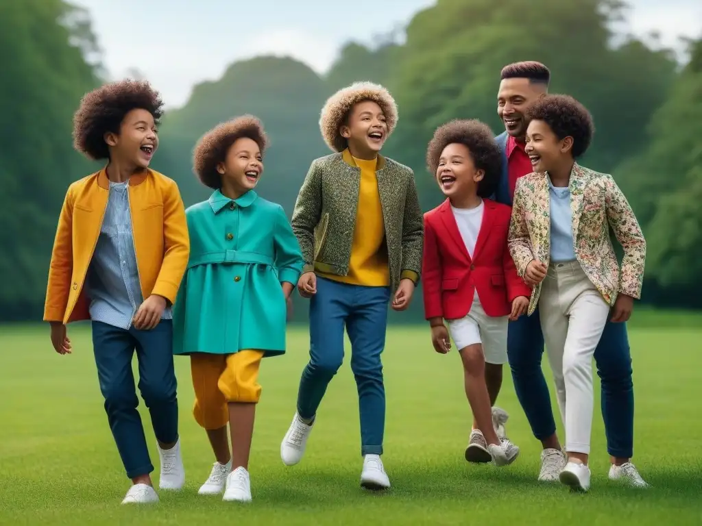 Niños felices juegan con moda vegana en parque Fotografía de niños felices de diferentes etnias jugando en un parque, vistiendo marcas de ropa infantil vegana en colores vibrantes y sostenibles