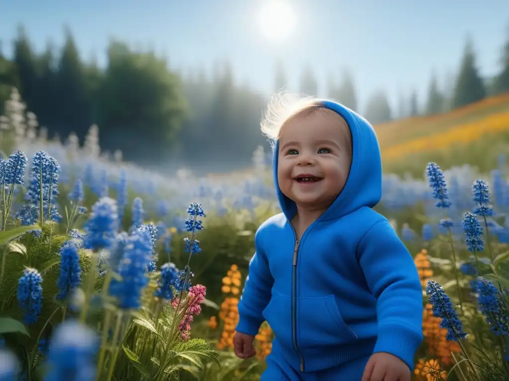 Niño feliz en campo de flores: ropa hipoalergénica y sonrisa radiante Felicidad en campo de flores con ropa infantil hipoalergénica para todos