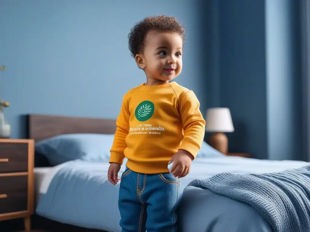 Niño feliz con moda sostenible en habitación eco Niño feliz vistiendo moda sostenible: camisetas algodón orgánico, vaqueros, suéter de punto y zapatillas ecofriendly