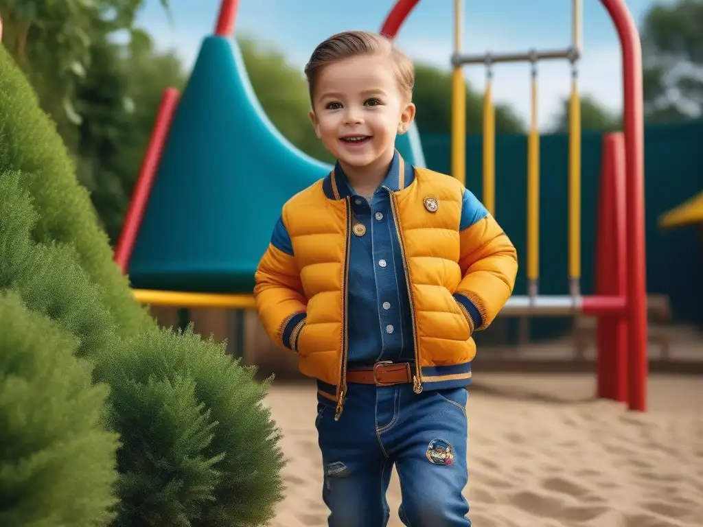 Moda infantil duradera y colorida en el parque de juegos Niño feliz jugando en un parque con ropa duradera y colorida