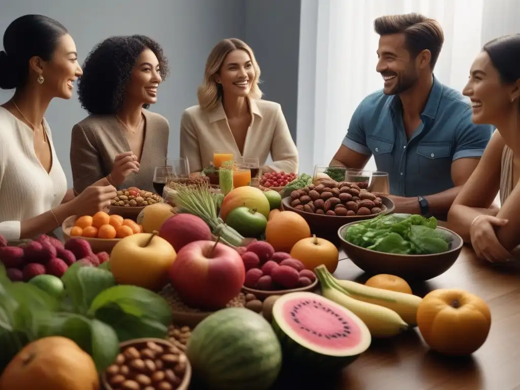 Conversaciones saludables: diversidad en mesa de alimentos vibrantes Un festín saludable reunido por personas diversas, sonrientes y radiantes