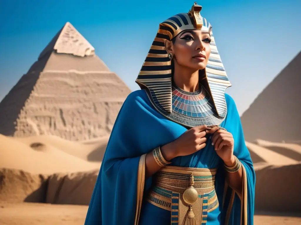 Elegante figura egipcia en las pirámides Una figura elegante de la moda para personas altas en el antiguo Egipto, frente a las pirámides, bajo un cielo azul