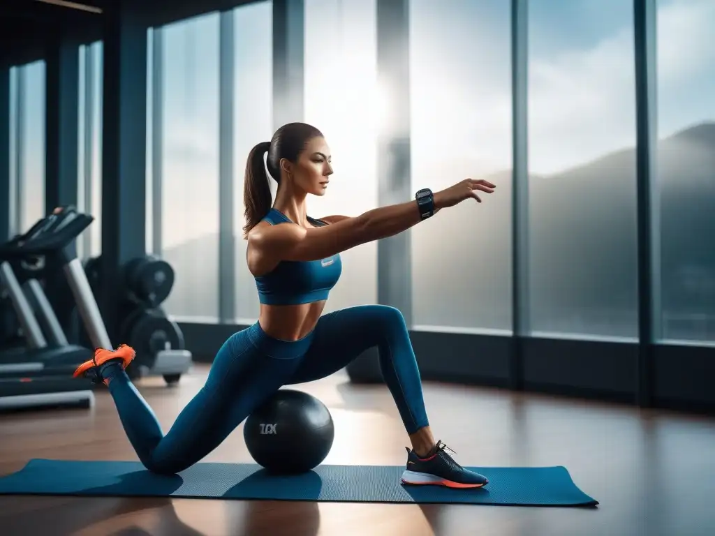 Estiramiento dinámico en gimnasio al amanecer Una figura esbelta realiza estiramientos dinámicos en un gimnasio moderno al amanecer