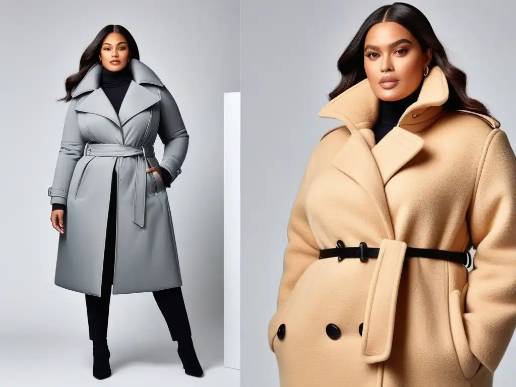 Estilos de abrigos para todas las curvas: Inclusividad invernal Cuatro figuras plus size lucen con estilo abrigos de invierno que realzan su figura, mostrando confianza y moda inclusiva