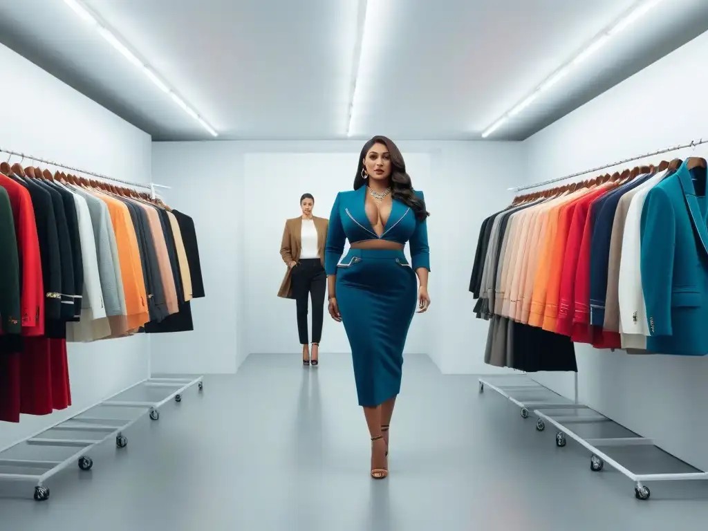 Empoderamiento y diversidad: probando moda inclusiva con confianza Un fitting room iluminado, diverso grupo probando ropa inclusiva