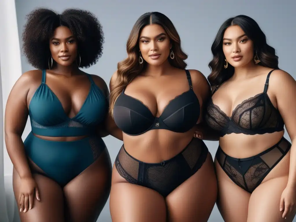 Radiante diversidad: plussize en lingerie empoderadora Una foto de un grupo diverso de personas seguras de sí mismas en lencería plus size, mostrando una actitud de empoderamiento y diversidad