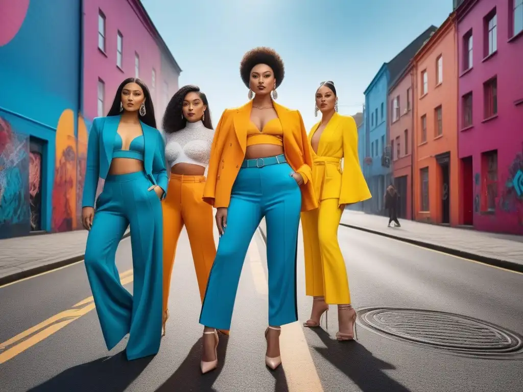 Diversidad y estilo: modelos inclusivos en la ciudad Una foto vibrante de moda inclusiva con modelos diversos posando con confianza en un entorno urbano colorido