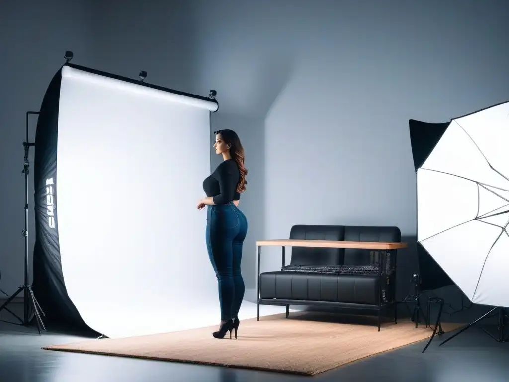 Preparando sesión fotográfica con modelo plus size en estudio luminoso Fotógrafo preparando sesión de fotos tallas grandes con modelo elegante en estudio luminoso