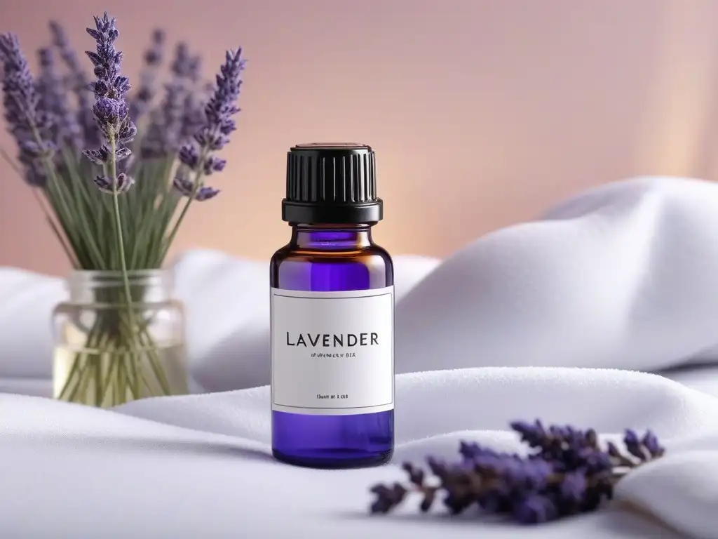 Botella de aceite esencial de lavanda para piel sensible en 8k Un frasco delicado de aceite esencial de lavanda para piel sensible sobre algodón, iluminado suavemente en un entorno relajante de spa