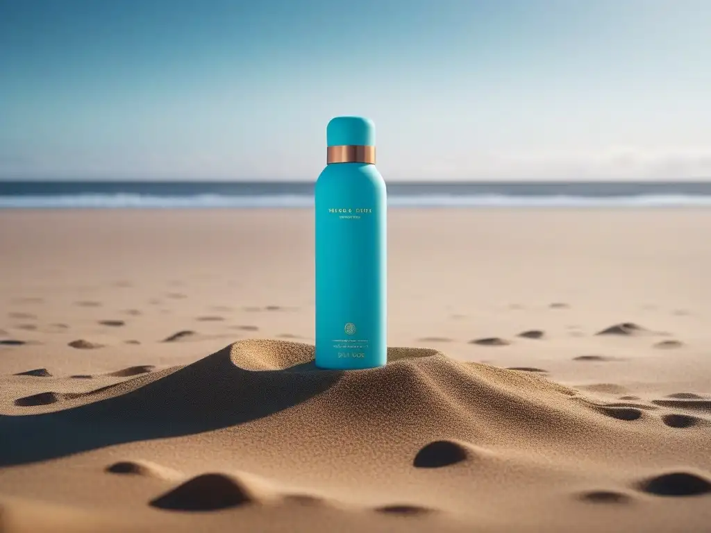 Protector solar para piel seca: hidratación y relajación en la playa Un frasco de protector solar moderno para piel seca en una playa, transmitiendo calma y protección solar