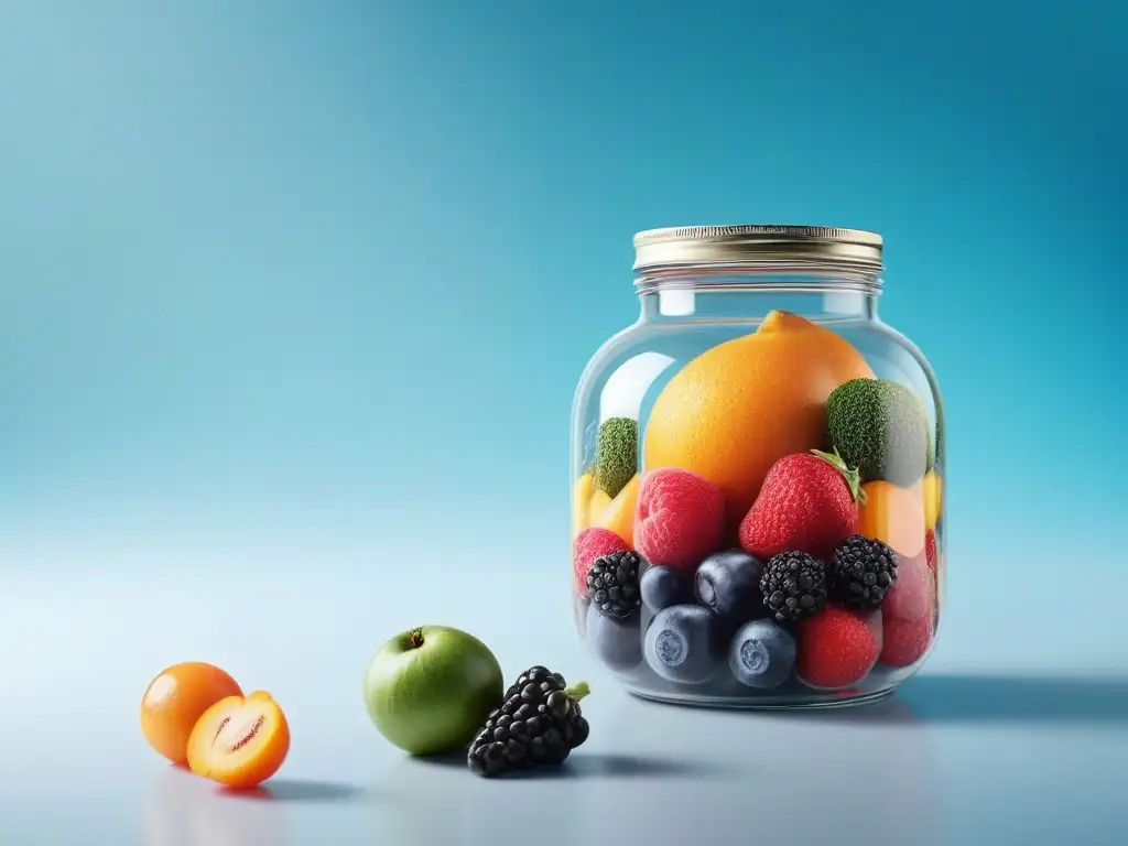 Jarra de cristal con frutas y verduras frescas Un frasco de vidrio transparente rebosante de frutas y verduras vibrantes, resaltando frescura y pureza