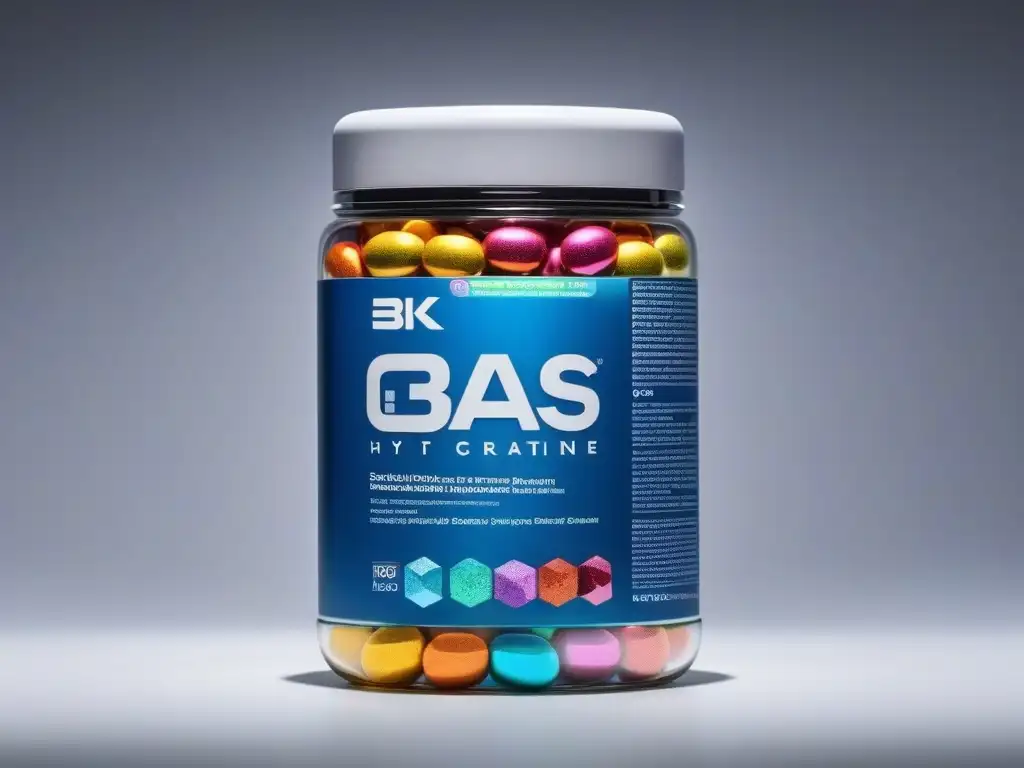 Suplementos esenciales para entrenamientos intensos en frascos de cristal Frascos de suplementos esenciales para entrenamiento intenso en polvo vibrantes y coloridos, sobre superficie reflectante