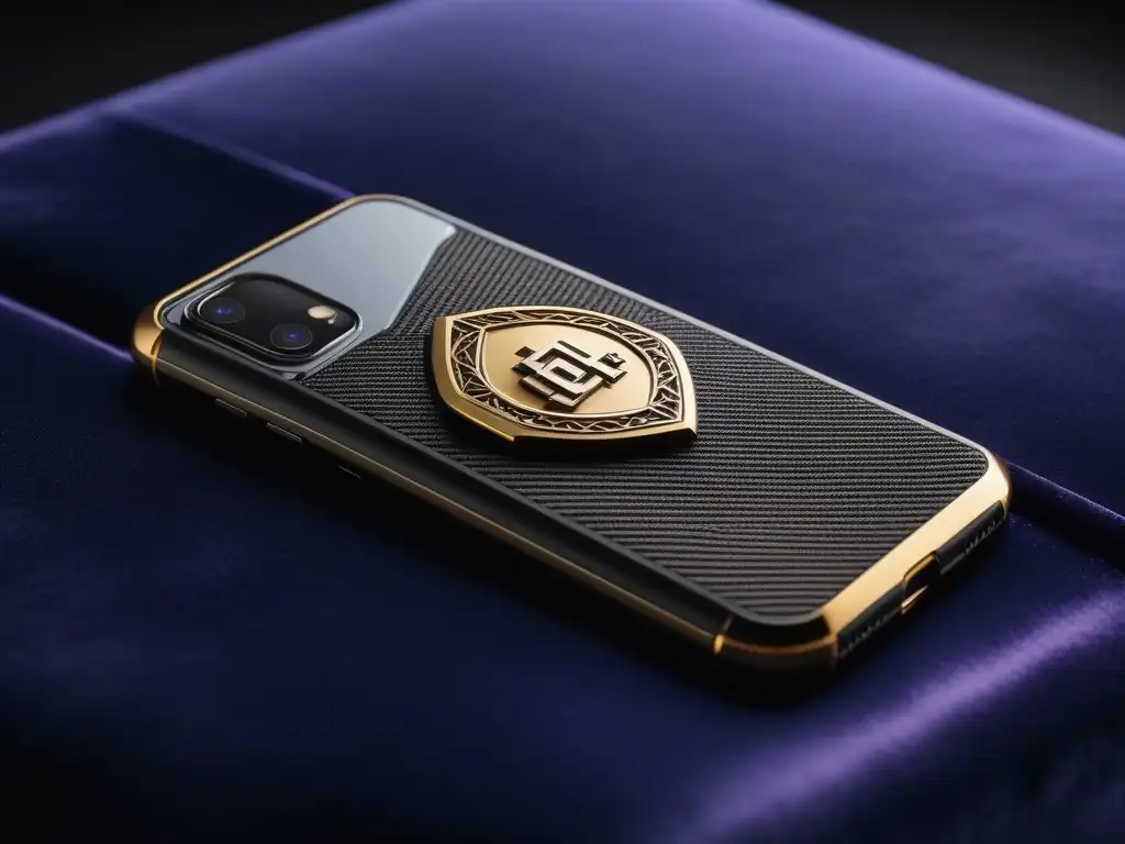 Funda de móvil de fibra de carbono con detalles dorados Funda de celular de fibra de carbono con detalles en oro sobre cojín de terciopelo, bajo luz suave