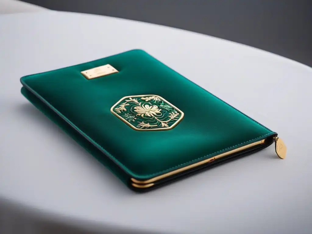 Funda de tablet de cuero negro con detalles dorados y logo grabado Una funda de lujo para dispositivos electrónicos en cuero negro con detalles dorados sobre un fondo degradado de azul a verde esmeralda
