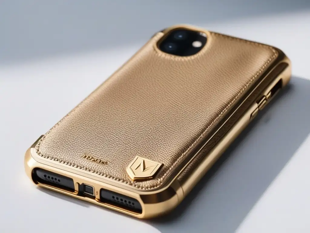 Funda de smartphone de lujo en cuero italiano con detalles dorados Funda de lujo para dispositivos electrónicos en cuero italiano con detalles dorados, logo sutil y diseño elegante frente a un fondo blanco