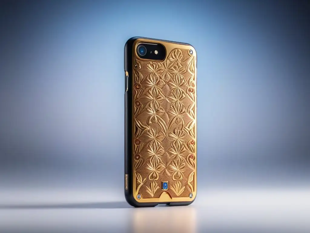 Funda de smartphone de lujo en cuero premium y detalles dorados Fundas de lujo para dispositivos electrónicos: Estuche de cuero premium con detalles dorados, diseño elegante y sofisticado