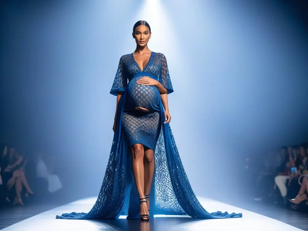 Pregnancy chic: Paseo futurista por la pasarela con diseño 3D Una futura mamá desfila con confianza en una pasarela luciendo un elegante vestido de maternidad impreso en 3D