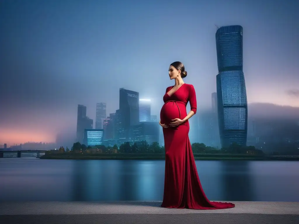 Elegancia urbana: moda de lujo para embarazadas modernas Una futura mamá elegante y sofisticada en un atuendo de maternidad de diseñador en un entorno urbano chic al anochecer