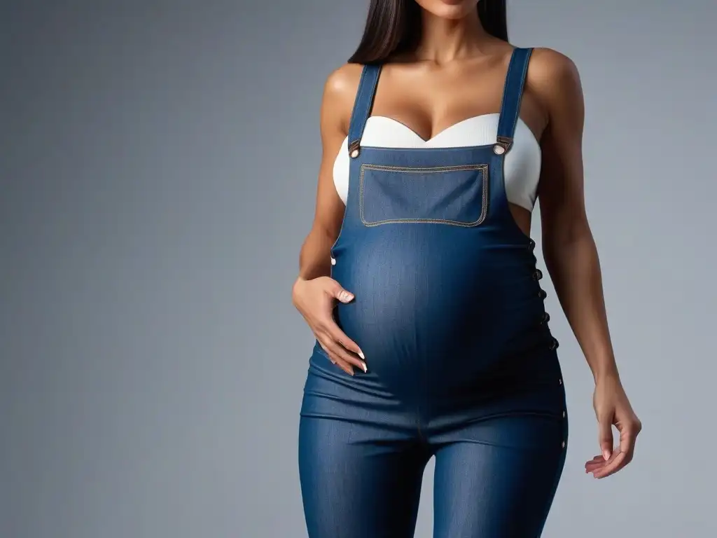 Maternidad elegante: mujer embarazada en overall moderno Una futura mamá posa elegantemente luciendo un moderno y chic overol de maternidad, realzando su barriga y estilo