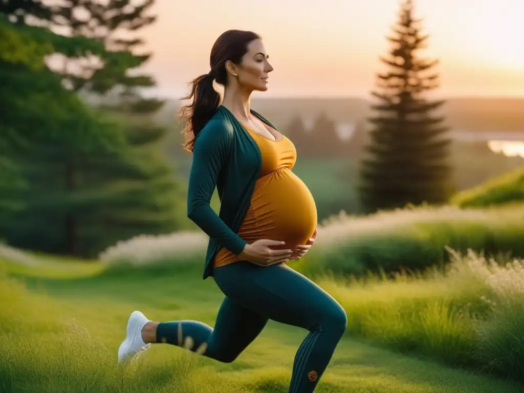 Embarazada radiante en parque al atardecer con ropa deportiva y cómoda Una futura mamá radiante en ropa ejercicio maternal cómoda y activa, estirándose suavemente al atardecer en un parque verde exuberante