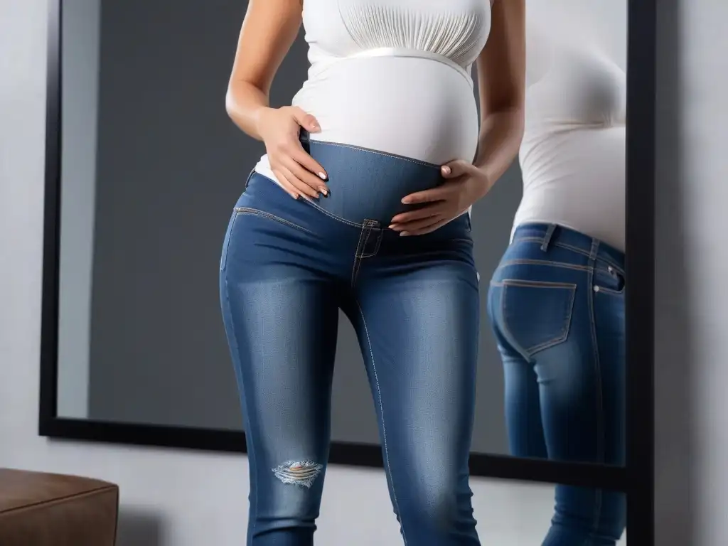 Estilo de maternidad: Jeans de moda realzan la barriga Una futura mamá segura y a la moda admira su look en jeans maternidad trimestre, reflejando estilo y confianza
