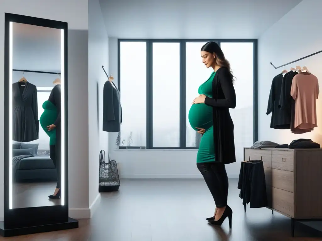 Embarazada probándose ropa de maternidad: estilo y felicidad Una futura mamá probando tallas de ropa de maternidad frente al espejo