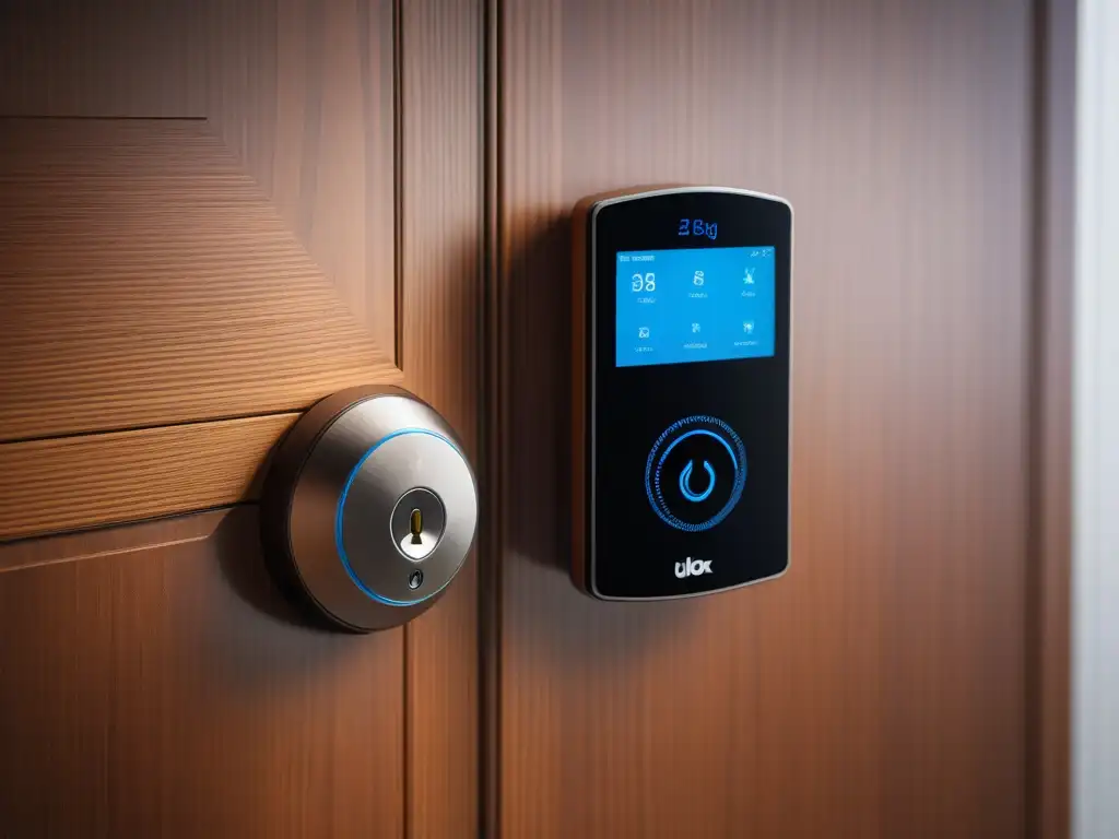 Smart lock de diseño futurista en puerta de madera moderna y elegante Futurista cerradura inteligente en puerta de diseño elegante