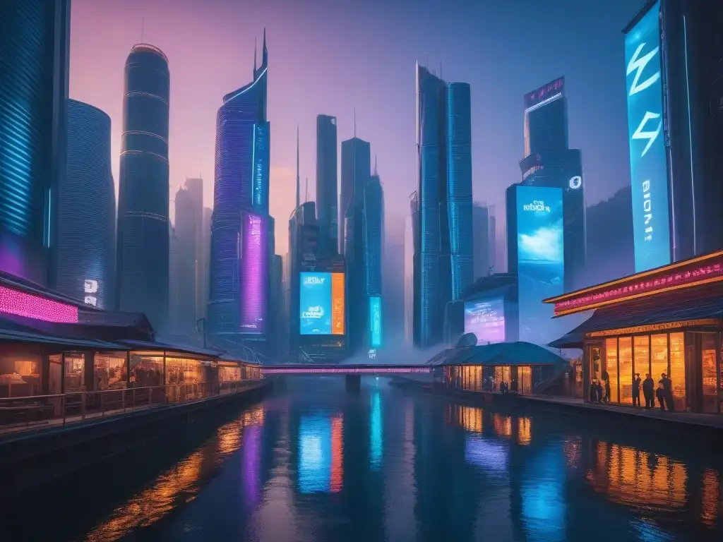 Metrópolis futurista: luces neón y micronutrientes Futurista ciudad iluminada con luces neón, hologramas y río brillante