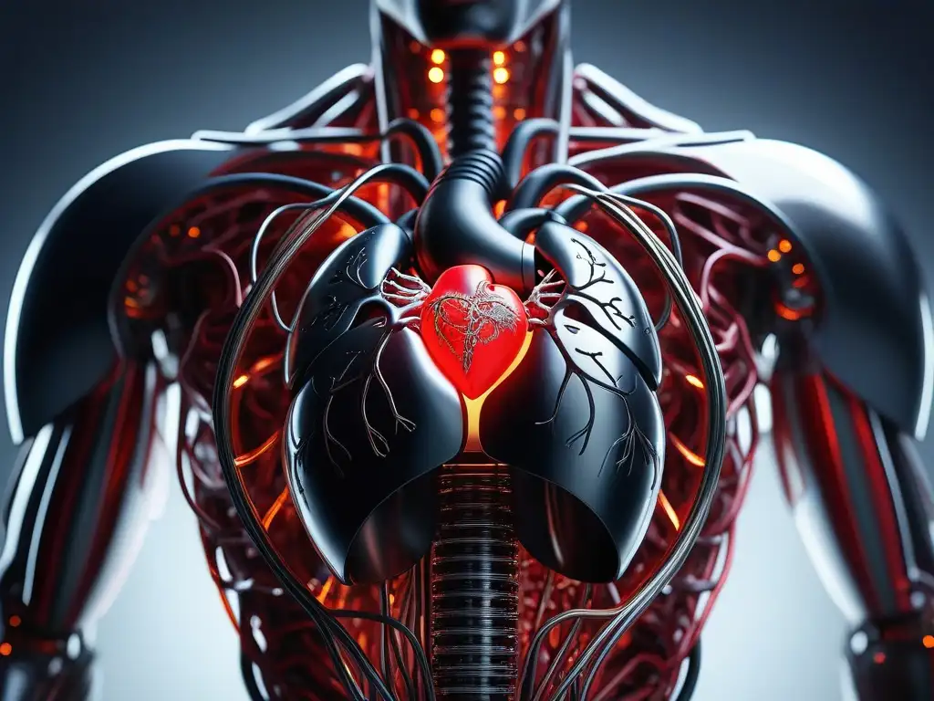 Corazón robótico futurista: innovación en salud cardiovascular Una representación futurista y detallada de un corazón robótico rodeado de una red luminosa de venas, simbolizando innovación en salud cardiovascular