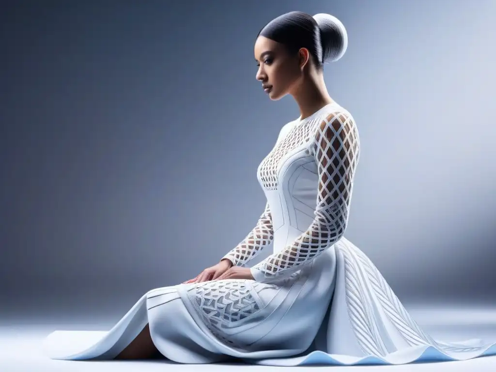 Futurismo en alta costura: Impresión 3D de vestido vanguardista Un 3D printer futurista crea un elegante traje de alta costura con patrones geométricos y detalles metálicos