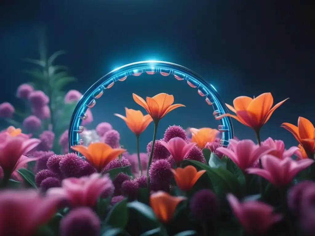 ADN futurista entrelazado con flores vibrantes: belleza genética ADN futurista entrelazado con flores vibrantes, fusionando genética y tratamientos de belleza personalizados