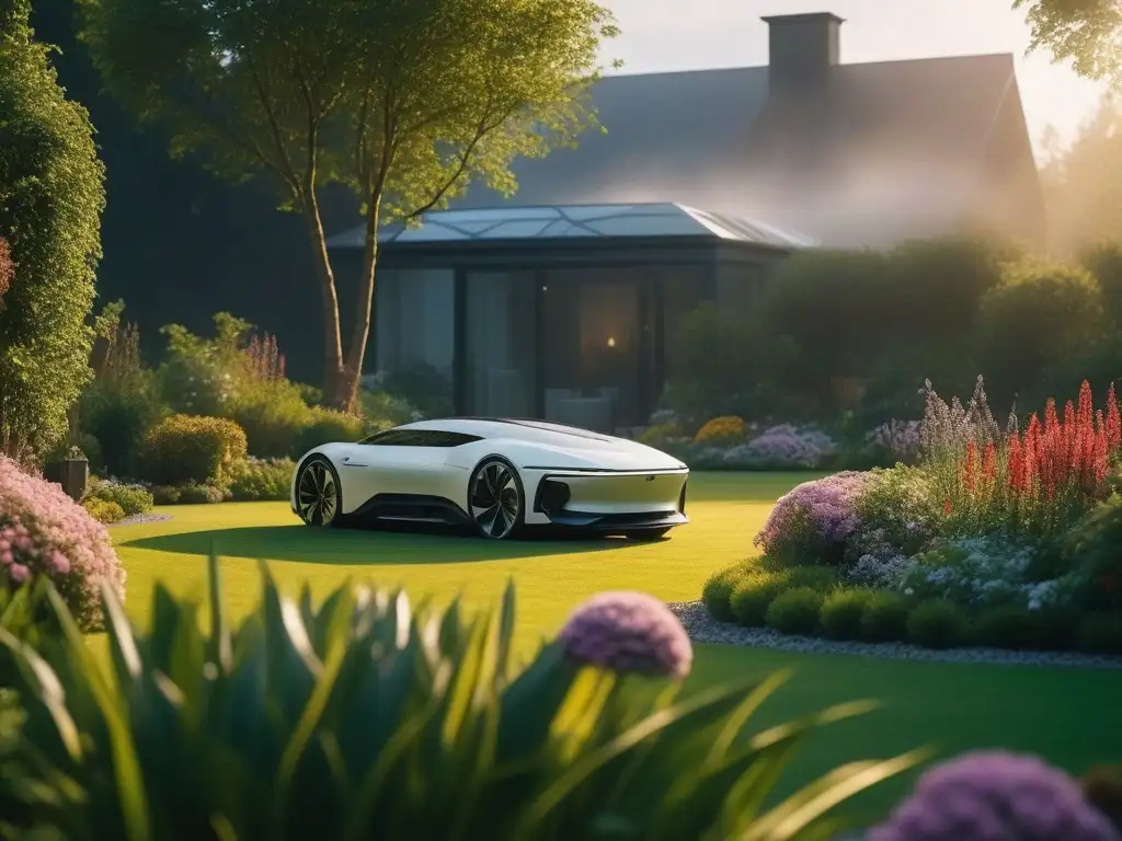 Jardín futurista: mezcla de naturaleza y tecnología Un jardín futurista lleno de gadgets de jardinería de alta tecnología en armonía con la naturaleza al atardecer