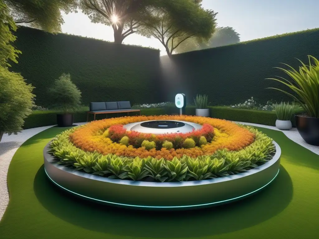 Jardín futurista: oasis hightech y naturaleza Un jardín futurista lleno de Gadgets de jardinería de alta tecnología, con un diseño moderno y vibrante