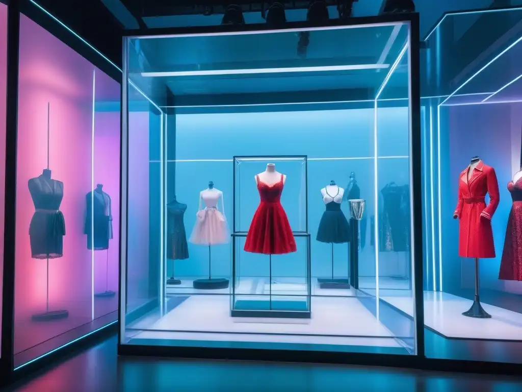 Exposición futurista de lencería vintage holográfica Exhibición futurista de moda íntima en museo, con hologramas vintage y arquitectura moderna, historia e innovación