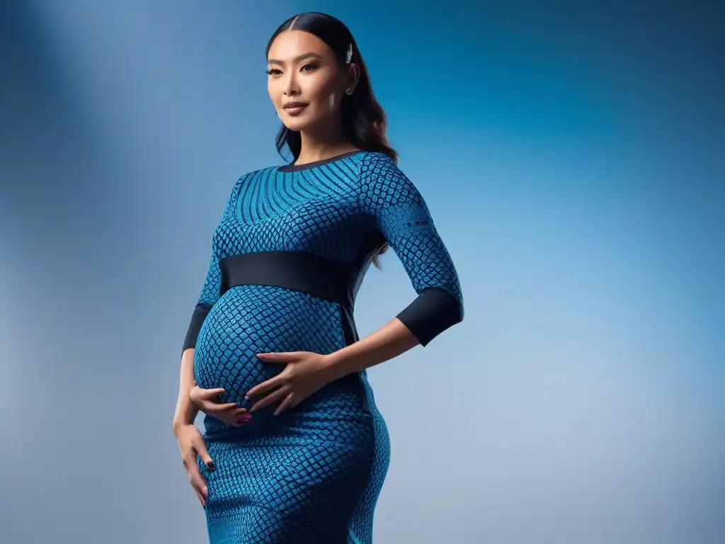 Vestido de maternidad futurista impreso en 3D con diseño geométrico Una futurista moda maternidad impresa en 3D: vestido ceñido con patrones geométricos, fusionando tecnología y estilo